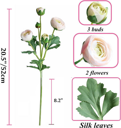 5PCS Artificial Ranunculus Flowers with Silk Flower Real Touch Stem Spray for Home Garden Office Decoration Wedding DIY Arrangements (Champagne Pink)