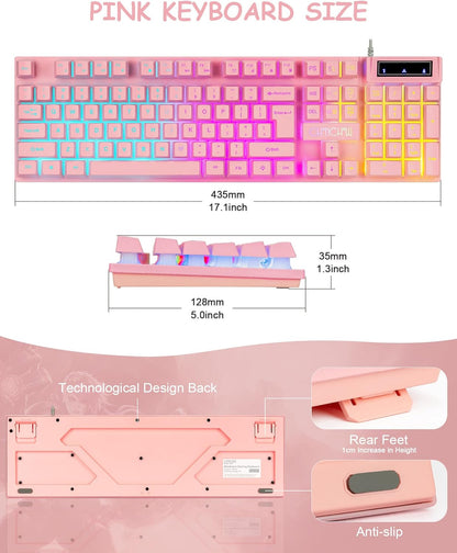 Light Up Cute Pink Gaming Keyboard, 104 Keys Full Size, Number Pad, 19 Keys Anti-Ghosting, Multimedia Function Keys, 3 Colors LED Backlit, USB Wired Creamy Keyboard for PC, Computer, Desktop, Laptop