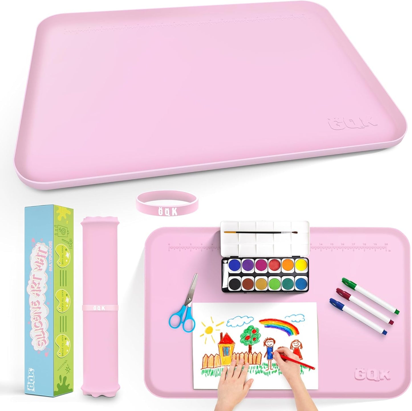 Silicone Art Mat for Crafts, 24" x 16" Painting Mat for Kids with Raised Sides to Stay Tidy, Paint Craft Mats for Clay, Resin, Slime, Jewelry-Making & Crafts Creation (Pink)