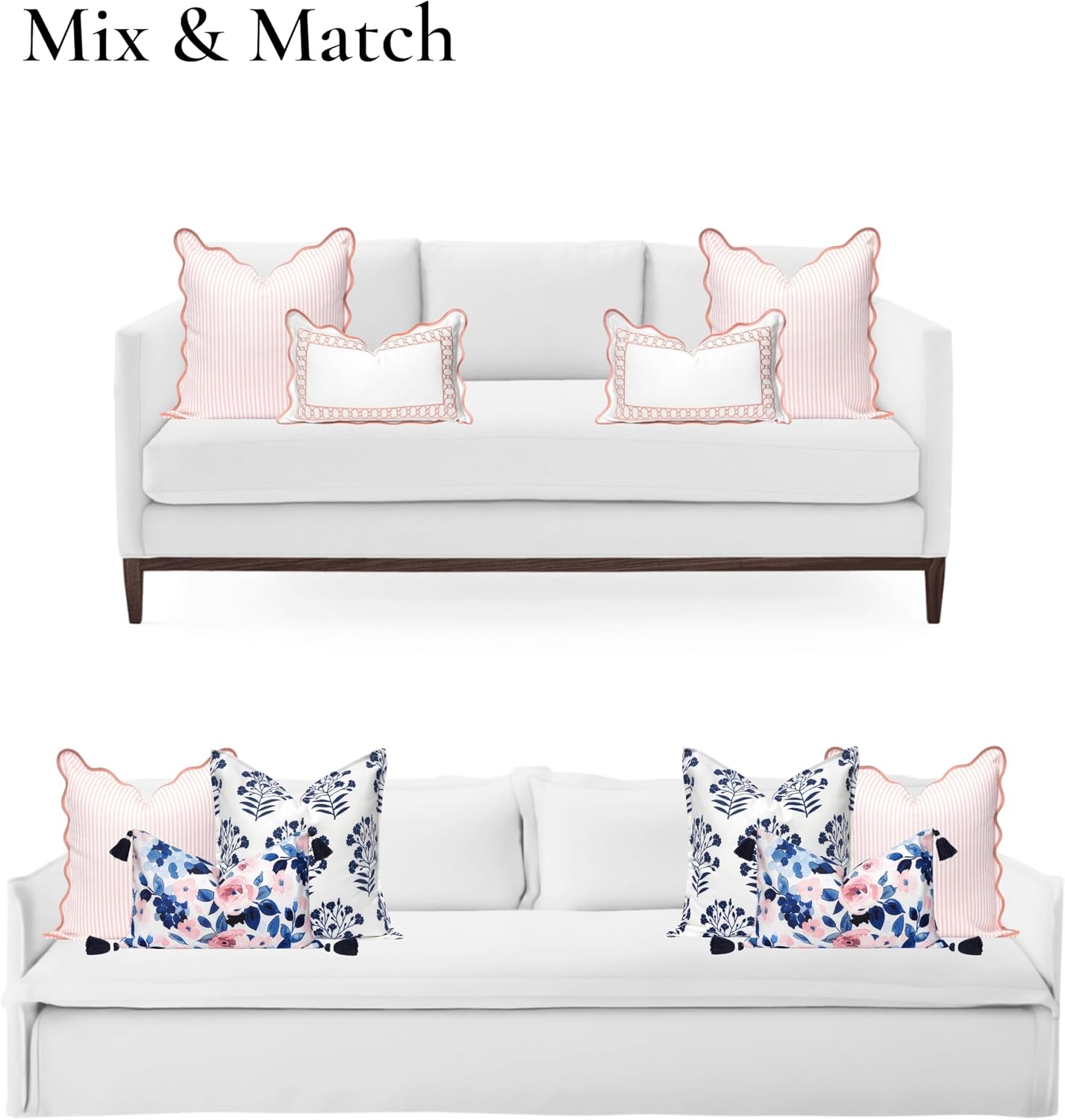Hofdeco Premium Coastal Patio Indoor Outdoor Scalloped Throw Pillow Cover Only, 20"x20" Water Repellent for Backyard, Couch, Blush Pink Print Stripes