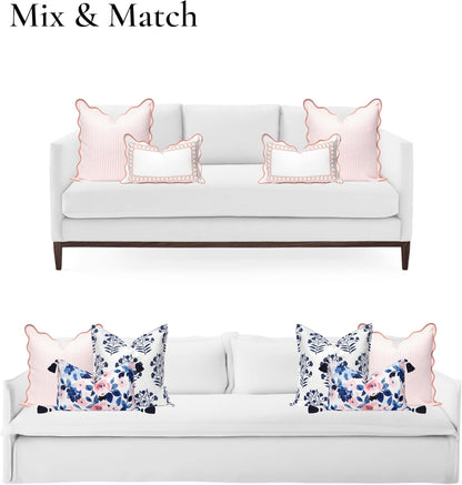 Hofdeco Premium Coastal Patio Indoor Outdoor Scalloped Throw Pillow Cover Only, 20"x20" Water Repellent for Backyard, Couch, Blush Pink Print Stripes