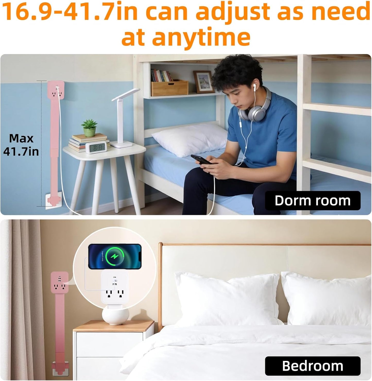 Outlet Extender 17-41in，Upgrade Stable USB-A&USB-C Wall Outlet Extender Made of Fireproof Material，Wall Plug Extender Anti-Wires-Chaos，with 4 Fixed Angles Suit for Outlet Behind Desk, Sofa（Pink）