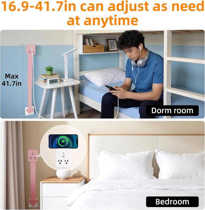 Outlet Extender 17-41in，Upgrade Stable USB-A&USB-C Wall Outlet Extender Made of Fireproof Material，Wall Plug Extender Anti-Wires-Chaos，with 4 Fixed Angles Suit for Outlet Behind Desk, Sofa（Pink）