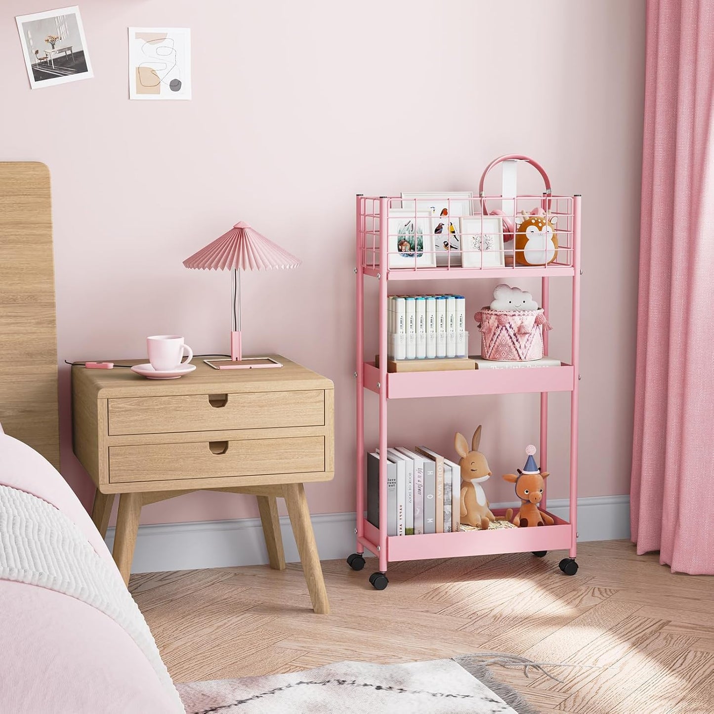 KINGRACK Slim Rolling Storage Cart 3 Tier - Heavy Duty Metal Utility Cart with Raised Edge & Wheels, Narrow Small Mobile Organizer Shelves for Bathroom, Kitchen, Laundry, Office, Living Room, Pink