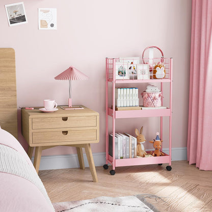 KINGRACK Slim Rolling Storage Cart 3 Tier - Heavy Duty Metal Utility Cart with Raised Edge & Wheels, Narrow Small Mobile Organizer Shelves for Bathroom, Kitchen, Laundry, Office, Living Room, Pink