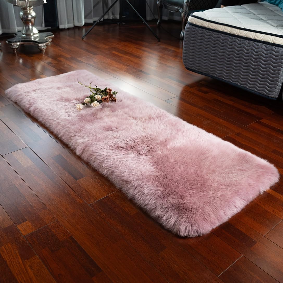 LLB Genuine Sheepskin Rug Plush Soft Throw Area Rug Fur Carpet Fluffy Shaggy Sheepskin Rug for Living Room Kids Bedroom Luxury Home Decor Rectangle (Light Pink, 24''x72'')