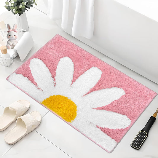 APROPHIC Pink Bathroom Rug, Daisy Bath Mat White and Yellow Floral Non-Slip Super Absorbent Carpet, Spring Bath Decor Microfiber Soft Plush Machine Washable Bathtub Mats for Shower Tub, Sink,17X24 in
