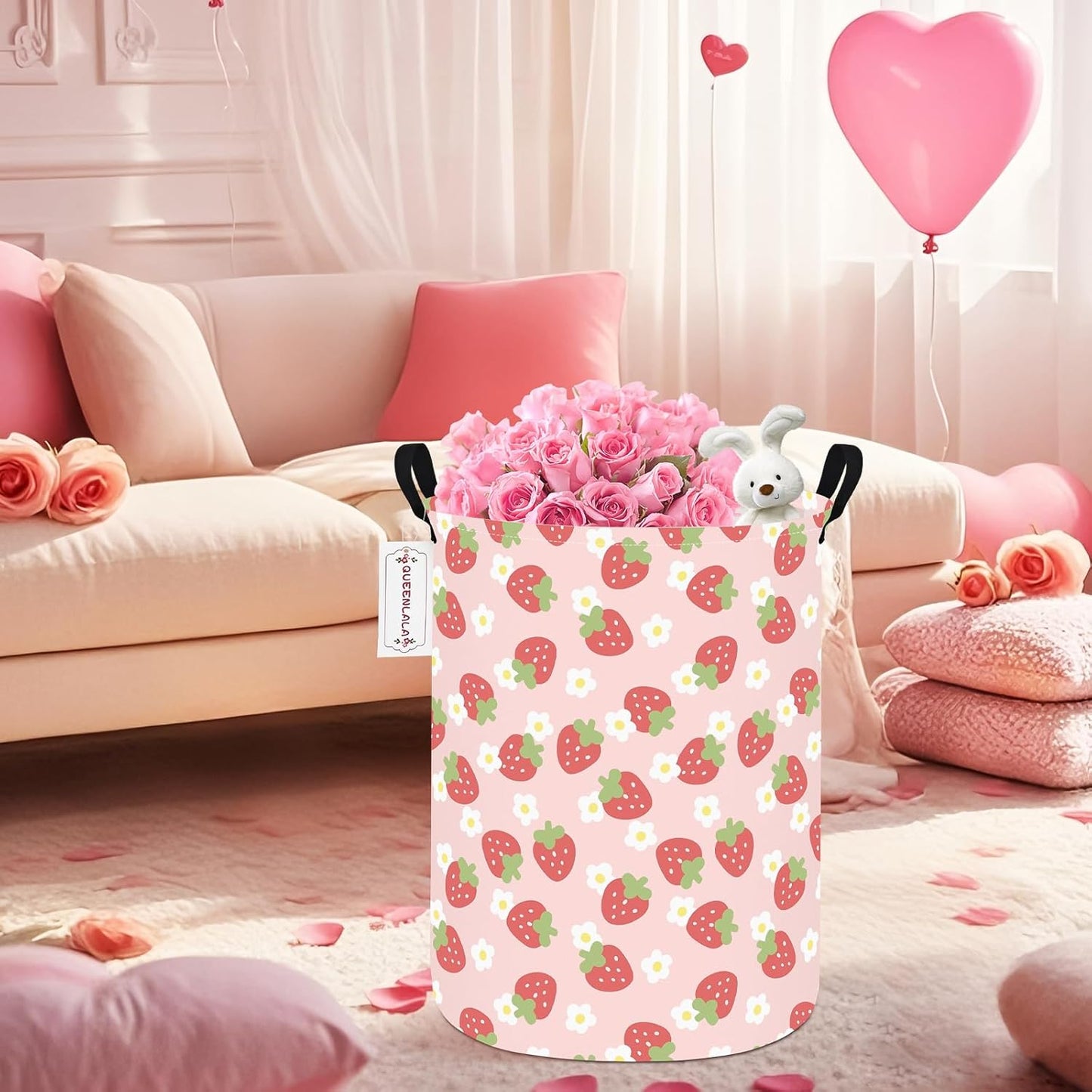 Round Waterproof laundry basket, Laundry Hamper for Nursery, Kids Toy Box Storage for Girls Boys, Diaper or plush toy gift basket, Foldable Fabric Basket(Round-Pink Strawberry)