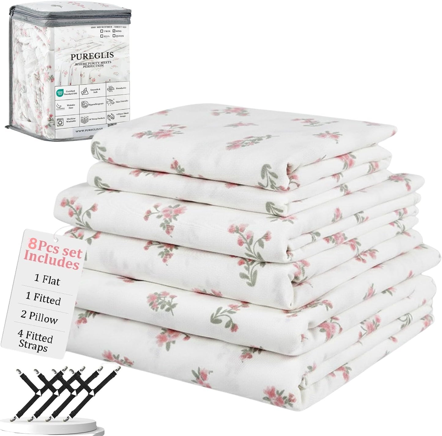 Queen Size Pink Floral Bed Sheet Set, 8-Piece 100% Microfiber Sheets, Ultra Soft Deep Pocket up to 16 Inch with 4 Corner Straps, Oeko-TEX Certified Wrinkle-Free Bedding (Pink, Queen)