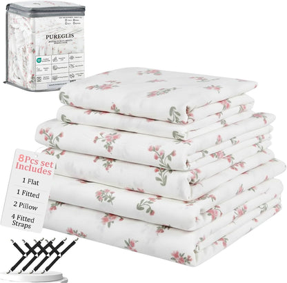 Queen Size Pink Floral Bed Sheet Set, 8-Piece 100% Microfiber Sheets, Ultra Soft Deep Pocket up to 16 Inch with 4 Corner Straps, Oeko-TEX Certified Wrinkle-Free Bedding (Pink, Queen)