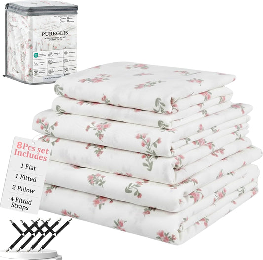 Queen Size Pink Floral Bed Sheet Set, 8-Piece 100% Microfiber Sheets, Ultra Soft Deep Pocket up to 16 Inch with 4 Corner Straps, Oeko-TEX Certified Wrinkle-Free Bedding (Pink, Queen)