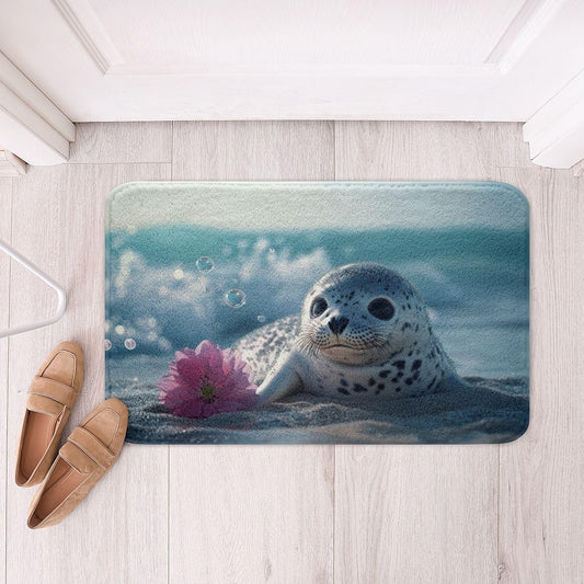 Erosebridal Cute Seal Bath Mat for Bathroom Pink Floral Cute Ocean Animal Seal Door Mat for Bedroom Fresh Summer Themed Room Decor Bathroom Rug Non Slip,Beach Coastal Bubble Entrance Rug 16"x24"