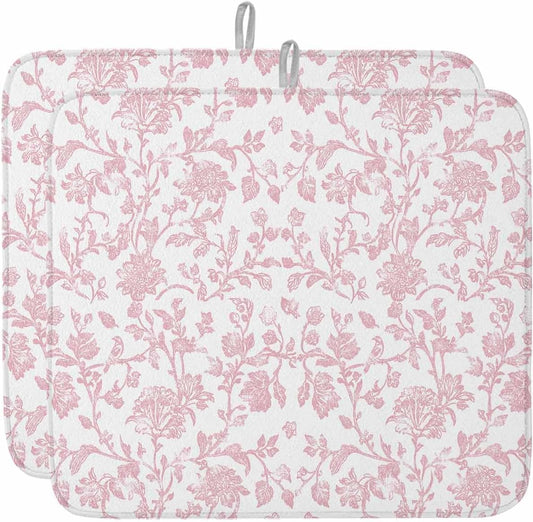 Light Pink Floral Paisley Dish Drying Mat for Kitchen Counter Boho Leaf Vintage Farmhouse Linen Absorbent Microfiber Quick Dry Pad Non Slip Drainer Mats 16x18 Inch, 2 Pack