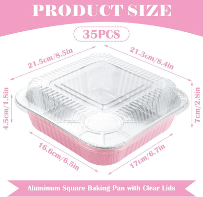 SHUESS 35 Pcs Aluminum Pans, 8x8 Inch Aluminum Pans with Lids, Mini Cake Pans Set, Small Square Pink Foil Baking Pans with Lids, Spoons and Stickers for Oven, Air Fryer, Cake, Vegetables, Brownie