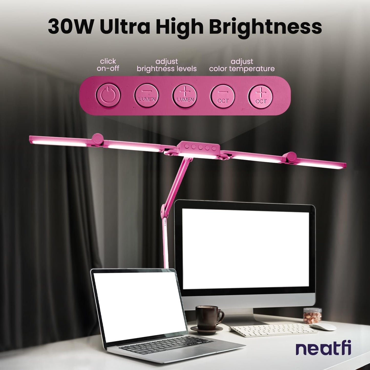 Neatfi 3,000 Lumens LED Desk Lamp, Dimmable, 360 SMD LEDs, 30W, CRI 95, Adjustable Light Modes, Task Lamp for Home Office, Study, Workstation (Pink, 44-Inch, CCT with Clamp)