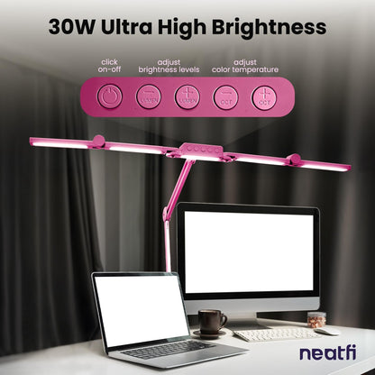 Neatfi 3,000 Lumens LED Desk Lamp, Dimmable, 360 SMD LEDs, 30W, CRI 95, Adjustable Light Modes, Task Lamp for Home Office, Study, Workstation (Pink, 44-Inch, CCT with Clamp)