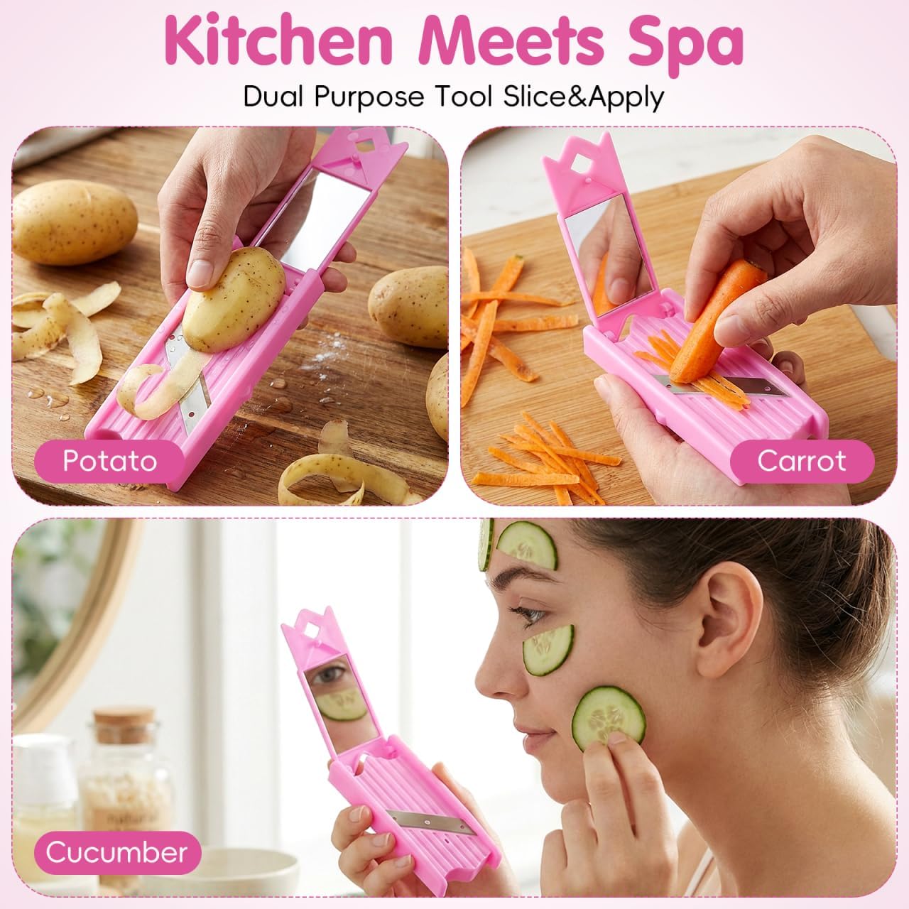 Unomor Cucumber Slicer Tool Facial Mask Cucumber Cutter with Mirror Abs Veggie Slicer for Thin Slices Diy Skincare Fruit and Vegetable Prep Pink 4.72 X 2.08 X 0.59 in