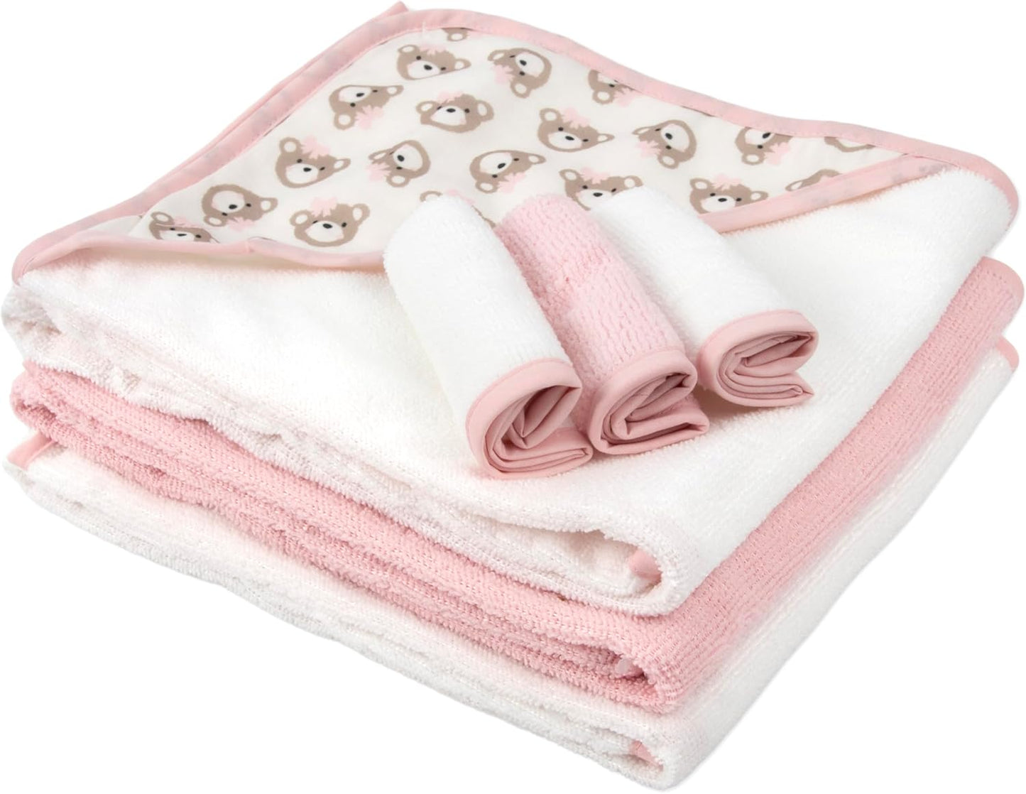 Hooded Baby Bath Towel and Washcloth 6 Piece Set for Newborns, Infants & Toddlers, Boys & Girls Baby Hooded Towels Set (Pink Bows and Teddy Bears)