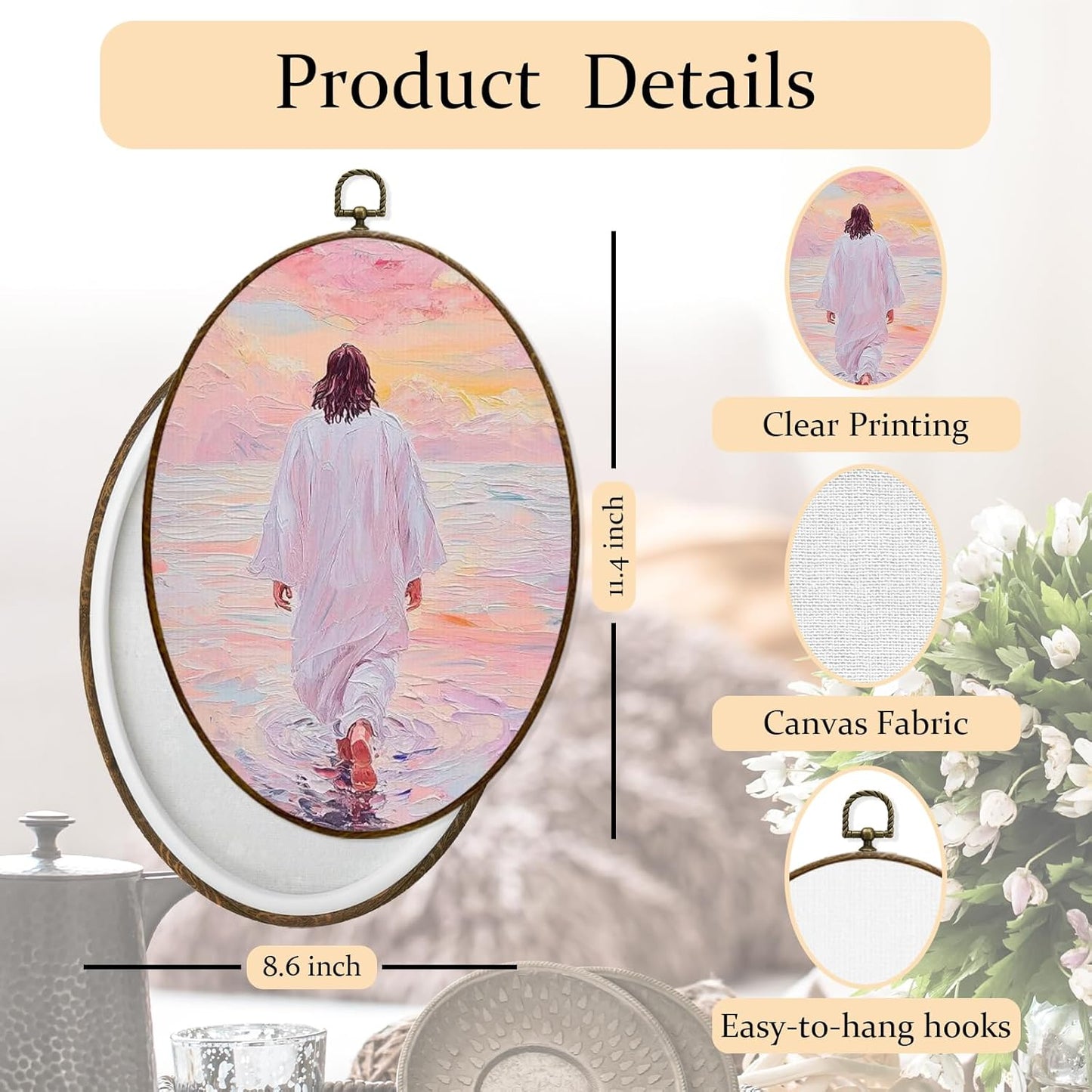 FDHSPAAM Jesus Walking on Water Christian Oval Wall Art Decor Framed 8.7 x 11.4 Inches, Pastel Pink Religious Jesus Poster Prints Hanging Wall Decor for Home Bedroom Church