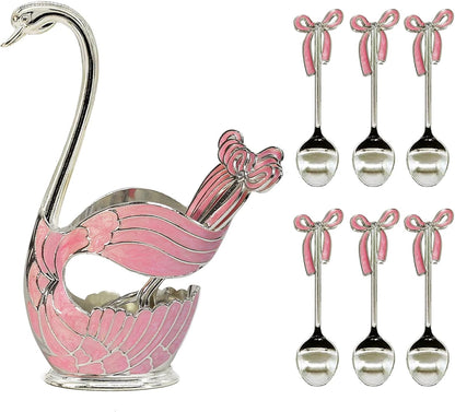 Flylin Metal Swan Base Holder: 6pcs Organizer Set with Ice Cream Spoons, Teaspoons, Dessert Spoon + Spoon Holder (Pink)