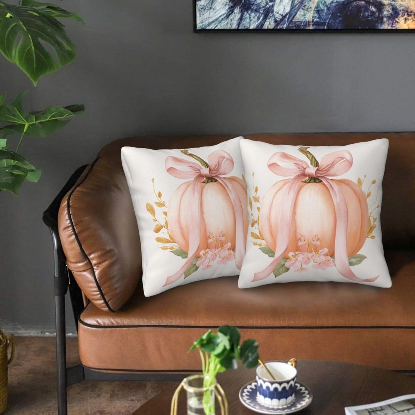 Pastel Peach Pumpkin Large Pink Bow Throw Pillows Covers, Couch Sofa Pillow Cases,Zipper Bedding Cushion Cases for Living Room,18x18 Inch