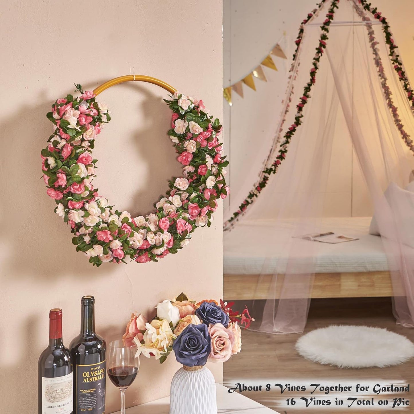 8pcs x 8.2ft Artificial Flower Garland Floral Rose Vine Decor, Pink Flowers | PONKING Fake Rose Vine Flowers Hanging Faux Roses String for Room Party Home Wedding Birthday Wall Arch Decoration