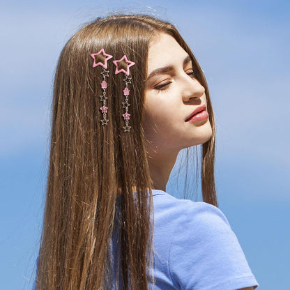 Pndeyo 2pcs Star Tassels Hair Clips for Women, Non-Slip 2000s Y2k Snap Barrettes, Cute Star Beaded Pendant Pin Accessories for Braid Long Short Thin Thick Hair - Pink