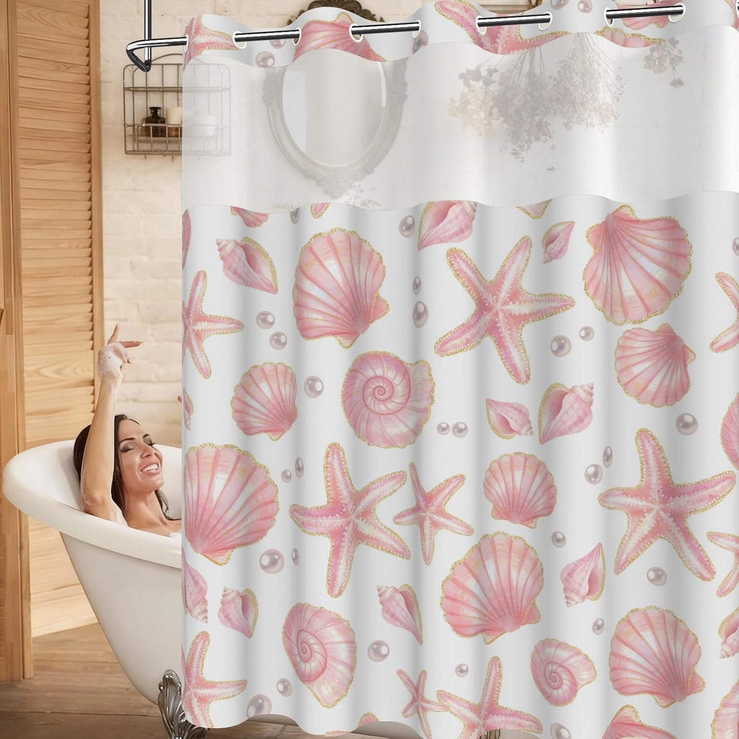 No Hook Shower Curtain with Snap in Liner, Double Layers Waterproof Fabric Shower Curtains with Sheer Top Window and Weighted Hem, Pink Seashell and Starfish Shower Curtains for Bathroom, 71x74 Inches
