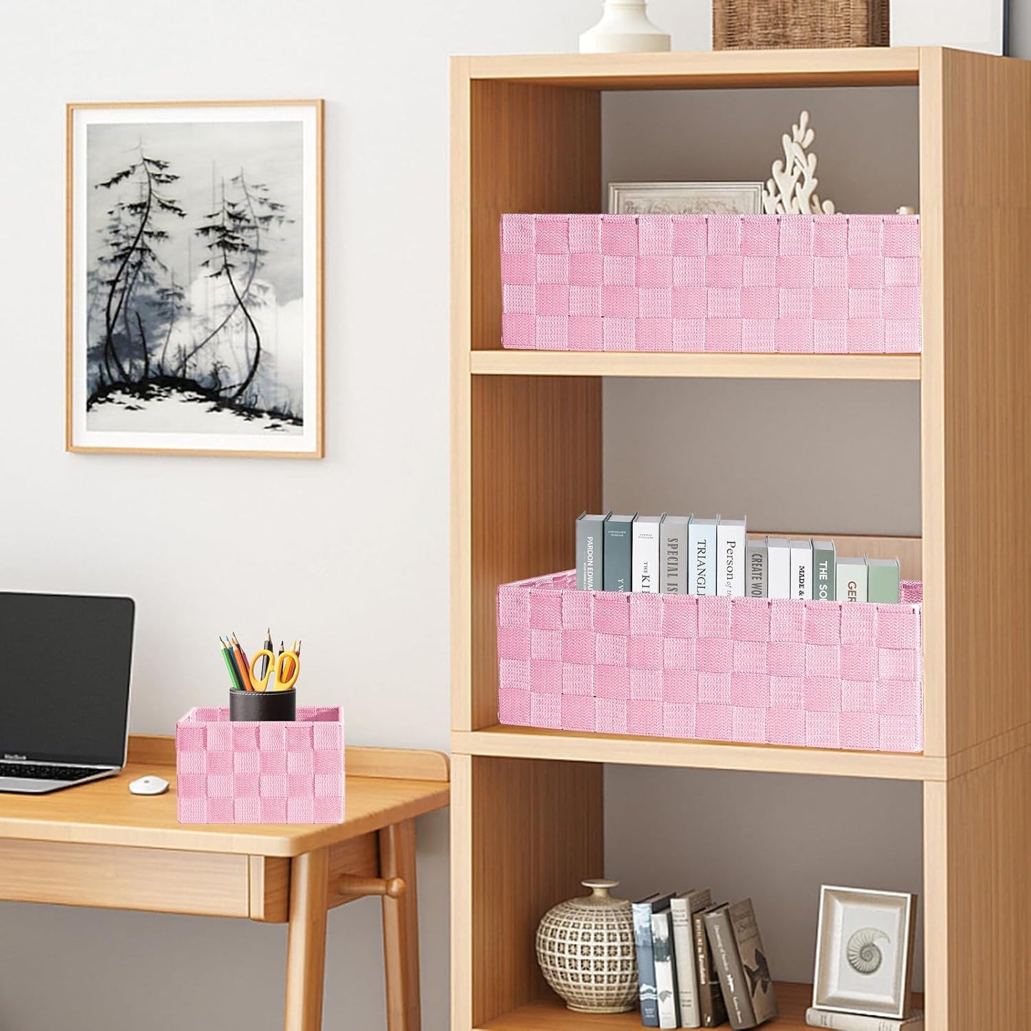 Drawer Organizer, Cube Baskets for Storage Shelves, Handmade Small Woven Basket, Shallow Storage Bins for Organizing Desk, Dresser, Kitchen, Pantry, Nested 7 Pack, Pink