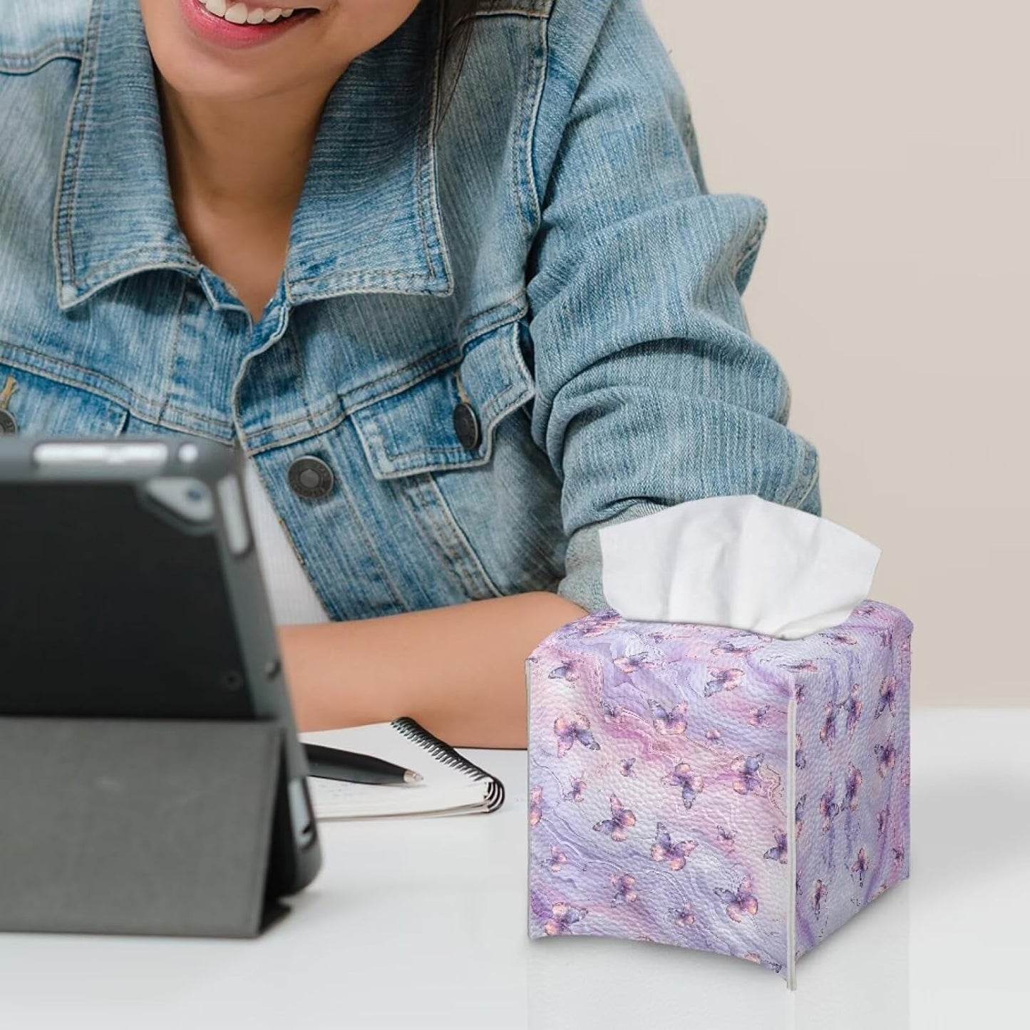 Purple Butterfly Tissue Box Holder Square Pink Marble Leather Tissue Box Cover Home Box Covers Cube Tissue Holder for Bathroom Tabletop Office Toilet Paper Storage