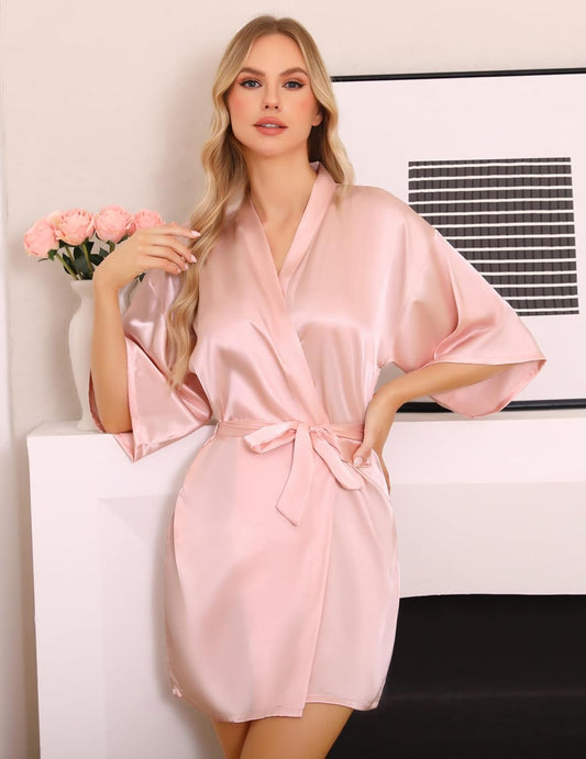 Lovasy Women's Satin Robes Silky Short Robe Lightweight Sleepwear Bride Bridesmaids Bathrobes Dressing Gowns Loungewear S-XXL