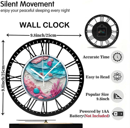 Metal Wall Clock for Living Room -10" Pink Coral Ocean Beach Shells Silent Non Ticking,Battery Operated, Antique Clocks for Farmhouse,Bedroom,Kitchen - Rome Numerals