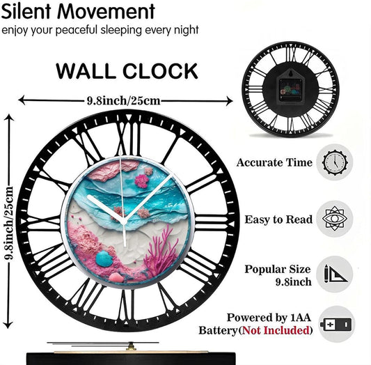Metal Wall Clock for Living Room -10" Pink Coral Ocean Beach Shells Silent Non Ticking,Battery Operated, Antique Clocks for Farmhouse,Bedroom,Kitchen - Rome Numerals