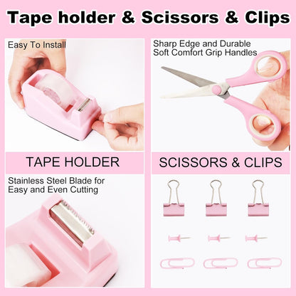 Gawsey Desk Organizers and Accessories Set with 360-Degree Rotating Pen Holder, Tape Dispenser, Stapler, Staple Remover, 1000 Staples, Tape, Clips Set, Ruler, Scissor, Pen (Pink-A)
