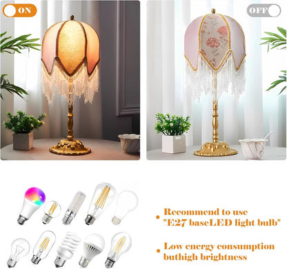 American Retro Pink Table Lamp, Handmade Custom Beaded Tassel Desk Lamp, Victorian Style, for Bedside Bedroom Living Room Study Room Home Office Reading Room Desk Lamp