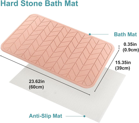 JUERLEN 2 Pack Diatomaceous Earth Shower Mat, Stone Bath Mat, Nonslip Super Absorbent Fast-Drying Hard Bath Mat for Bathroom Shower Floor, 24 x 16 inch, Pink Arrow Design