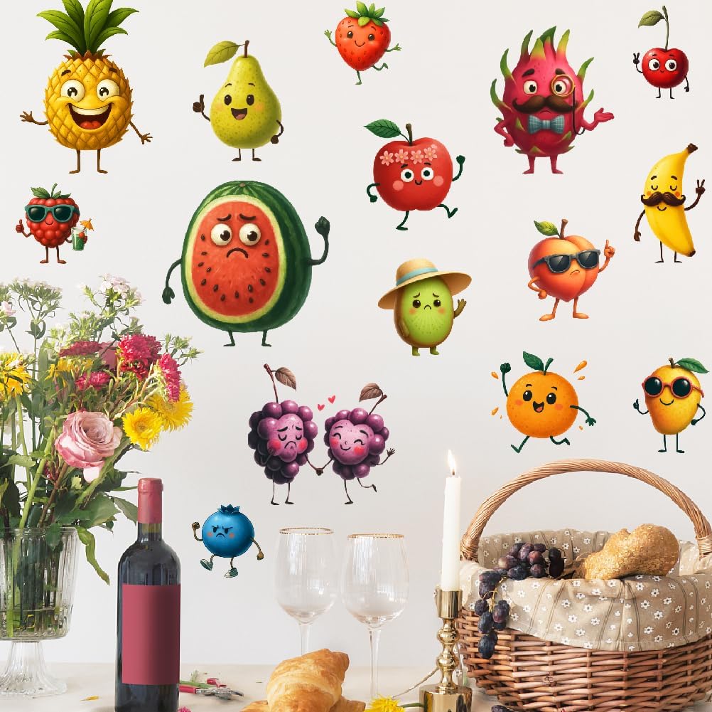 SUPERDANT 15pcs Cartoon Fruits Wall Sticker Pineapple Peach Kitchen Wall Decal Peel and Stick Vinyl Art Decals Home Decor for Dining Room Kids Room Bedroom Livingroom Classroom Decoration Gifts