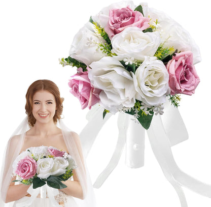 Wedding Bouquets for Bride - Realistic Silk Flowers Artificial Roses, 8 Inch Bridesmaid Bouquet for Ceremony, Church, Anniversary, and Home Decoration (White & Pink)
