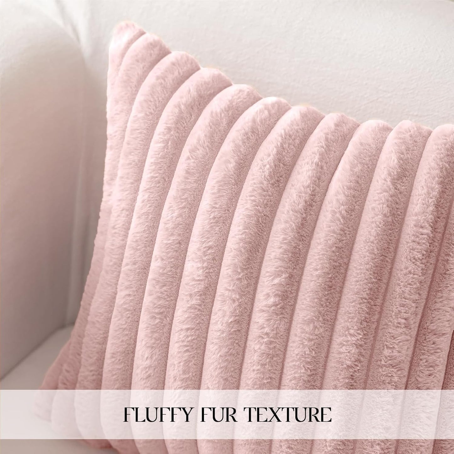 MOSAYT Spring Faux Fur Pillow Covers 18x18 Inch Set of 2, Soft Square Fluffy Striped Modern Decorative Throw Pillow Covers for Sofa, Bedroom, and Living Room, Blush Pink