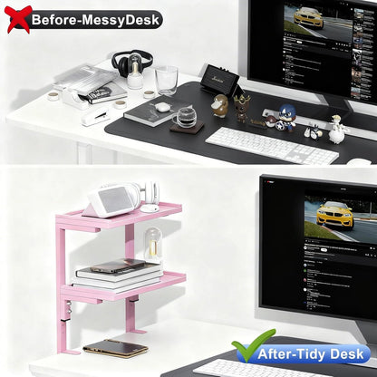 Spacrea clamp on Desk Shelf, 2 Tier Office Desk Shelves Organizer, Wood Desktop Supplies Storage Rack, Desk Organizers and Accessories (Pink)