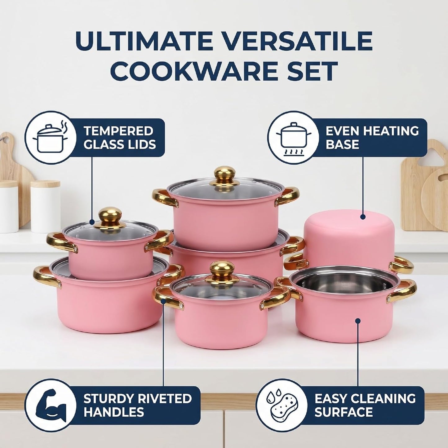 Zerodis 5Pcs Stainless Steel Stock Pot Sets, 16cm/18cm/20cm/22cm/24cm Sauce Pans with Transparent Glass Lids and Handles for Kitchen Cooking Boiling Frying Stewing (Pink)