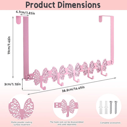 Over The Door Hooks, Pink Butterfly Towel Rack with 5 Hooks Hanging Towel for Bathroom Accessories, Cute Wall Mount Towel Hanger for Hats, Bags, Keys, Home Organizer