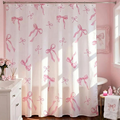Mocsicka Pink Shower Curtain Coquette Preppy Bow Shower Curtain for Bathroom Modern Aesthetic Fabric Shower Curtain Set with Hooks 71x71 Inch (Pink, 71x71 inch)