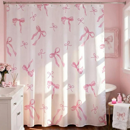 Mocsicka Pink Shower Curtain Coquette Preppy Bow Shower Curtain for Bathroom Modern Aesthetic Fabric Shower Curtain Set with Hooks 71x71 Inch (Pink, 71x71 inch)