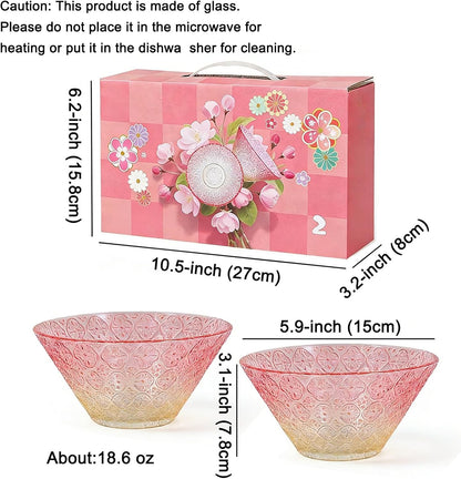2 Pcs Light Luxury Gradient Glass Mixing Bowls - Gift Box Set, 5.9" Clear Crystal Salad Bowls, Serving Bowl Suitable for Fruits, Dips, Snacks, Desserts, Nuts, Etc (Pink Gradient)