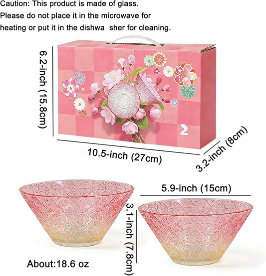 2 Pcs Light Luxury Gradient Glass Mixing Bowls - Gift Box Set, 5.9" Clear Crystal Salad Bowls, Serving Bowl Suitable for Fruits, Dips, Snacks, Desserts, Nuts, Etc (Pink Gradient)