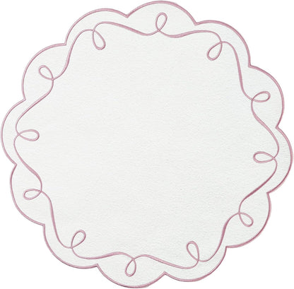 16.5 Inch Ribbon Twirl Embroidery Round Placemats Set of 4, Scalloped Round Table Mats for Party Kitchen Dining Decoration, Pink