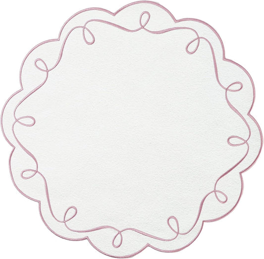 16.5 Inch Ribbon Twirl Embroidery Round Placemats Set of 4, Scalloped Round Table Mats for Party Kitchen Dining Decoration, Pink