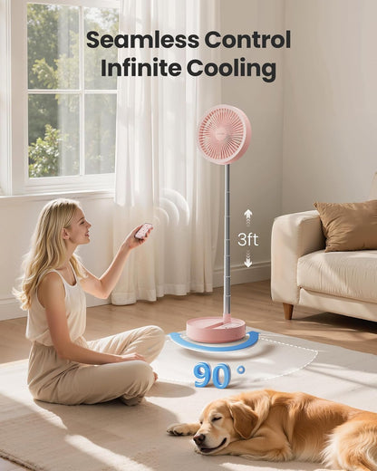 Gaiatop Portable Pedestal Fan 16000mAh Battery [Max 74h Runtime], Foldable Oscillating Standing Fan, Collapsible Desk Fans, LED Light, Case & Remote Control, 4 Speeds for Outdoor Travel Camping (Pink)