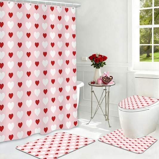 MEHOFOND 4pcs Valentines Shower Curtain Set Pink and Red Little Heart Shower Curtain Sets for Valentine's Day Bathroom Decor Sweetheart Shower Curtains with Non-Slip Rugs Toilet Lid Cover and Bath Mat